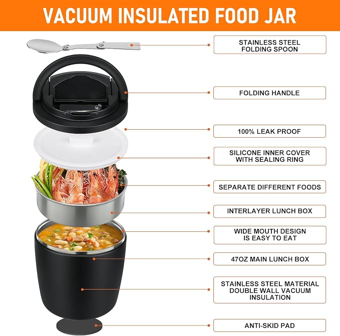 wiwens 40oz Insulated Lunch Containers for Adults Soup Thermo for Hot Food | Leak Proof Wide Mouth Vacuum Stainless Steel Thermal Jar Bento Box with Buckle Lid and Spoon