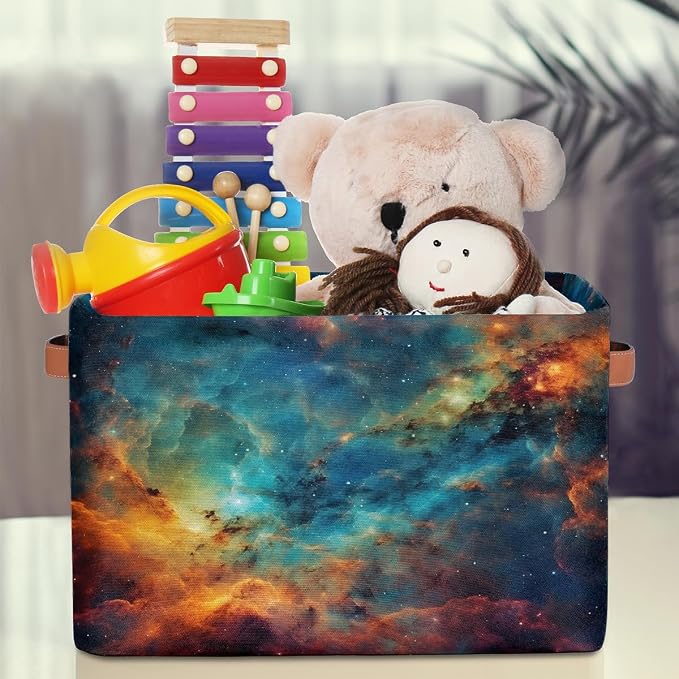 Cube Storage Bins for Shelves, Blue Orange Nebula Print Collapsible Fabric Toys Storage Basket Box with Handles for Home Office Bedroom Closet