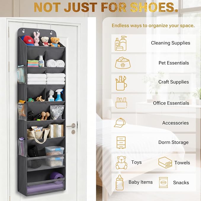HOMELUX THEORY 8 Tier Hanging Shoe Organizer for Closet, Over the Door Shoe Organizer with Deep 120D Extra Thick Pockets, Shoe Rack for Closet & Entryway, with 6 Side Pockets for Boots (Light Gray)