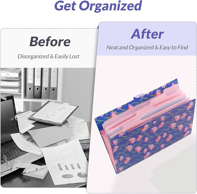SKYDUE Accordion File Organizer, Floral Expanding File Folders with 5 Pockets, Cute Document Organizer for Paper Storage, School Office & Hospital Supplies Letter/A4 Size Periwinkle Blue
