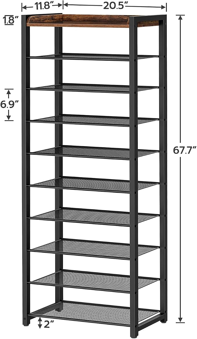 HOOBRO 10 Tier Shoe Rack, Large Capacity Shoe Storage for 18-20 Pairs, Sturdy Metal Shoe Shelf for Closet Entryway, Space Saving Shoe Organizer for Sneakers Heels, Rustic Brown BF40XJ01