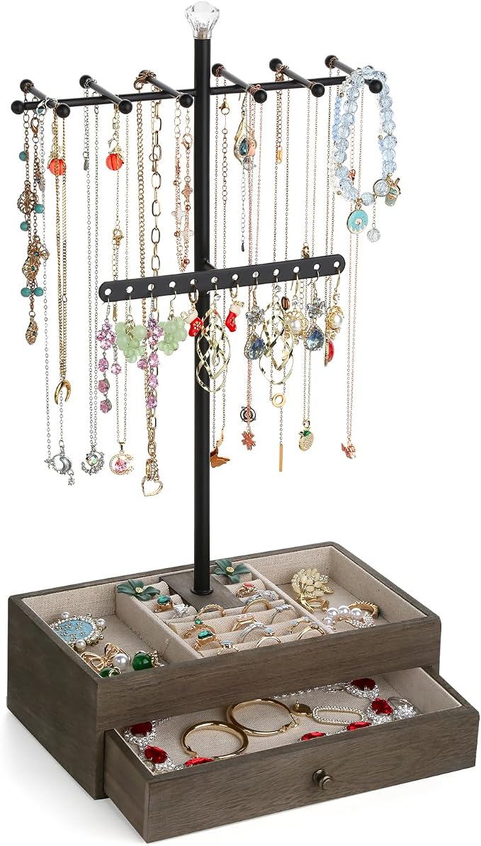 Meangood Jewelry Organizer Stand, 3-Tier Necklace Holder Jewelry Tree with Wooden Storage Drawer Box for Necklace Bracelet Earring Ring, Walnut