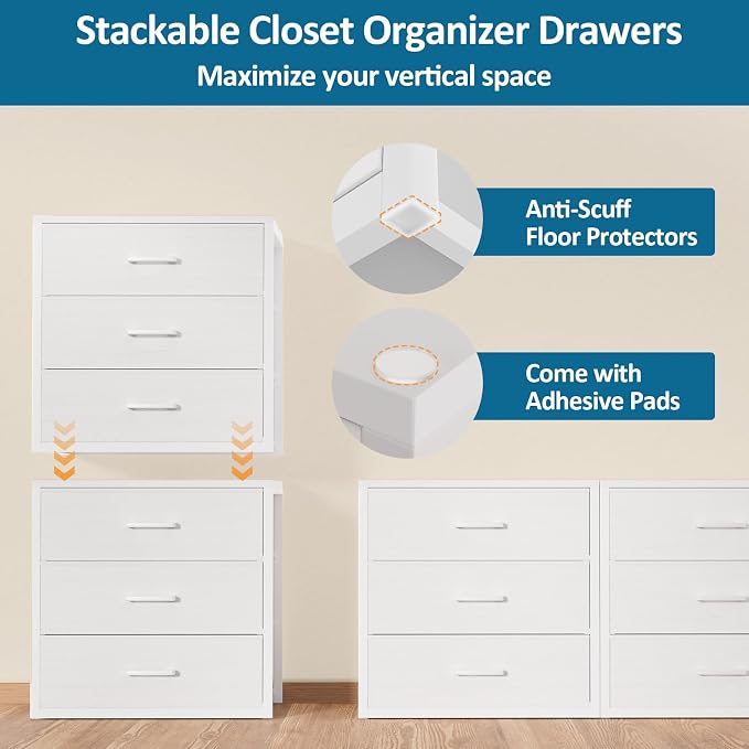 3 Fabric Drawer for Closet Storage: White Stackable Dresser Short Drawers for Clothes Organizer, Low Modular Chest Cabinet for Inside Closet Bedroom Nursery & Small Spaces, 3 Packs