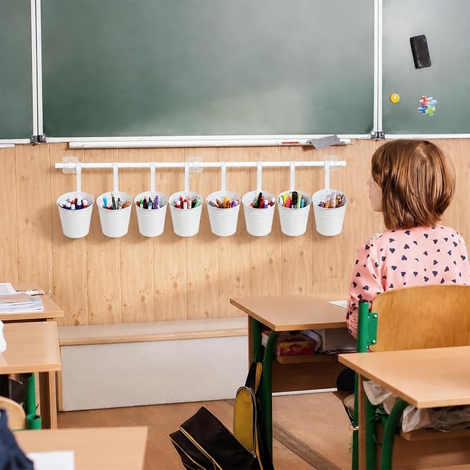 8 PCS White Metal Pencil Holder with Pipes Back to School Hanging Iron Small Pails Stationery Crayon Organizer First Day of School White Buckets Classroom Pencil Holder for Students Crafts Party Favor