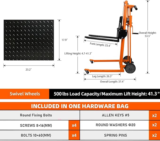 Tory Carrier Material Lift Winch Stacker, 330 lbs Capacity Pallet Stacker, 40.5" Lifting Height, Pallet Truck Dolly, Swivel Casters Lift Table Cart, Forklift with Steel Platform