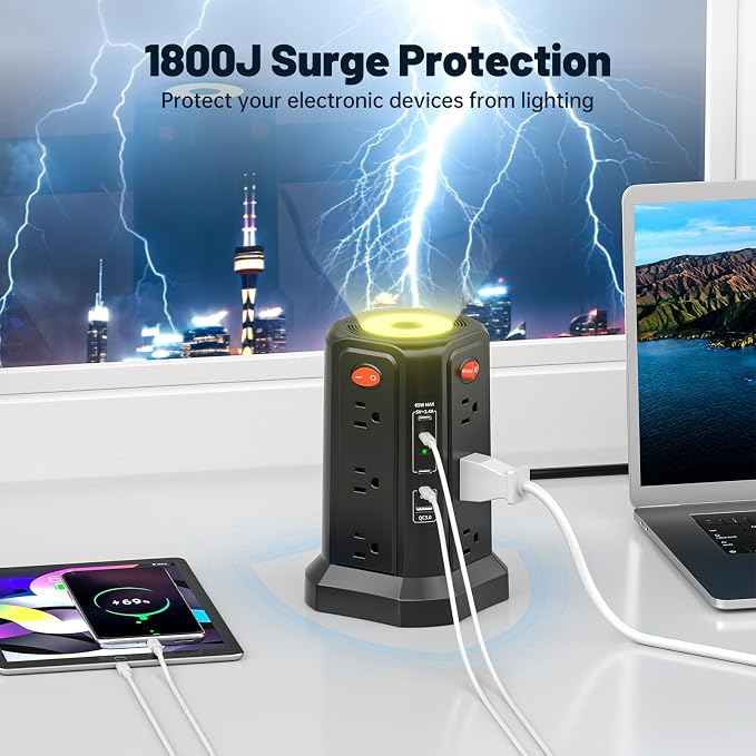 PASSUS Surge Protector Power Strip with PD 65W USB C Port, USB C Fast Desktop Charging Station with 12 Widely Spaced AC Outlets|4 USB C|1 USB A|Night Light, 10FT Extension Cord for Home Office Dorm