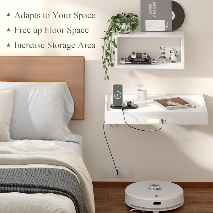 TEAMIX Floating Nightstand with Charging Station, Wall Mounted Folding Bedside Shelf Combo Wood Nightstand with Led Light USB Type C Ports, Bed Side Storage Tray Caddy for Bedroom, Living Room, Dorm