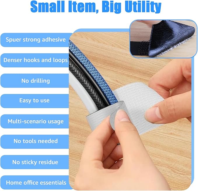 80PCS Hook and Loop Cable Ties, Under Desk Cable Management, Adhesive Cable Straps, Cord Management Hider Idea, Cord Organizer for Desk, Computer Accessories, Home Office Organization, Black+Gray