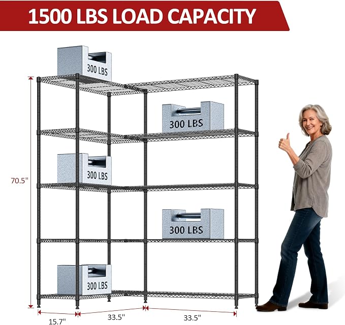 IZEUK Linked Storage Racks, DIY Adjustable Heavy Duty Metal Shelving Unit for Corner, Ideal for Kitchen, Garage, Warehouse, and Garden (Black, 15.7" D x 33.5" W x 70.5" H, 1433 lbs Capacity)