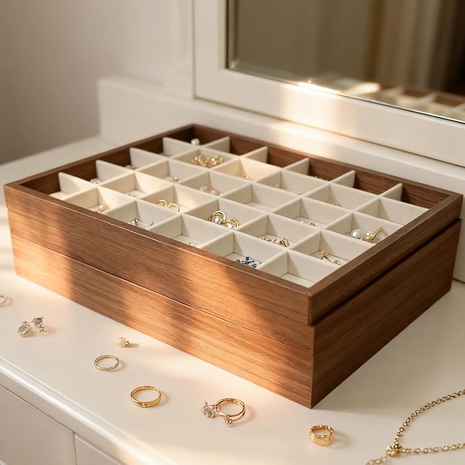 Large Jewelry Trays for Drawers Stackable Velvet Jewelry Display for Vendors Jewelry Drawer Organizer Inserts for Rings Necklace Bracelets Earrings and Studs Earrings (Beige, 30 Grid)