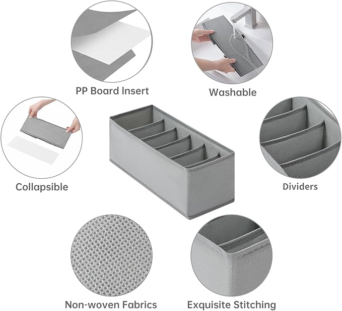 3 Packs Fabric Belt Organizer for Closet and Drawer, Foldable 6 Grids Dresser Drawer Organizers, Belt Tie Holder, Tie Box-Grey