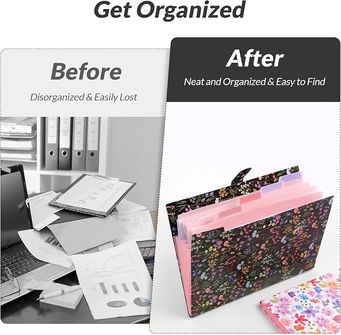 SKYDUE Accordion File Organizer, Floral Expanding File Folders with 5 Pockets, Cute Document Organizer for Paper Bills Receipt Storage, School Office & Hospital Supplies Letter/A4 Size Black