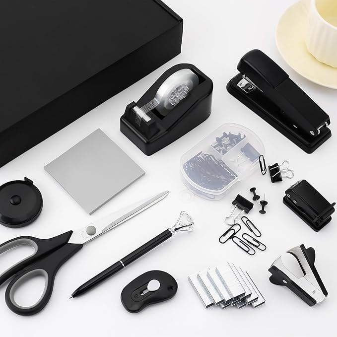 Black Desk Accessory Kit Cute Office Supplies Set Desktop Stapler Set Includes Staple Remover Hole Punch Tape Dispenser Ballpoint Pen Scissor Mini Box Cutter Tape Measure Paper Clips Sticky Notes