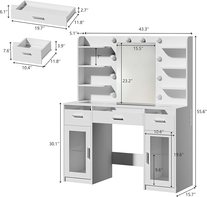 HUAHUU Vanity Desk, Makeup Vanity Desk with Mirror and Lights 3 Colors, Transparent Top with 3 RGB Drawers, 6 Shelves, 2 Large Tempered Cabinets, Power Outlet, for Bedroom, White