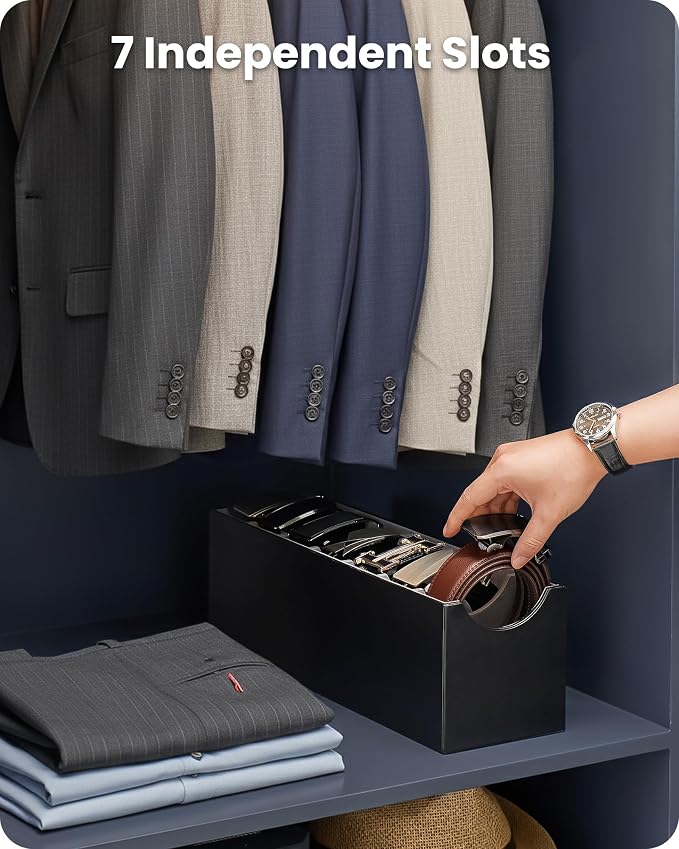 Lolalet Belt Organizer for Closet, Belt Box & Storage Drawer -Black | PU Leather Belt Holder with 7 Extra-Wide Compartments, Soft Lining, Fits Entryway Cabinet, for Men & Women, 1 Pack