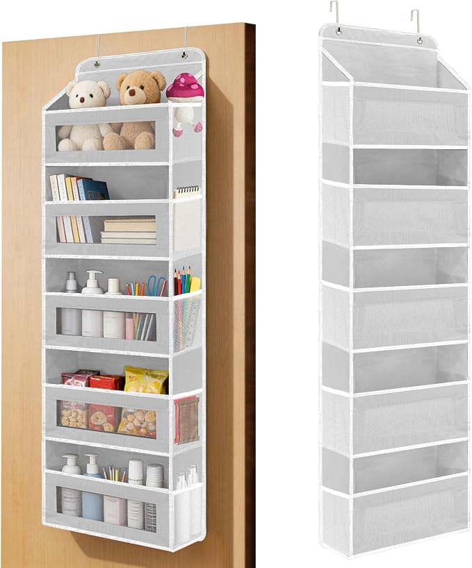 Over the Door Organizer 5-Tier, Heavy Duty Behind Door Storage, Anti-Tilt Capacity, Door Hanging Organizer with Clear Window for Closet, Bathroom, Nursery, Bedroom, Pantry, Shoe Diaper (Light Gray)