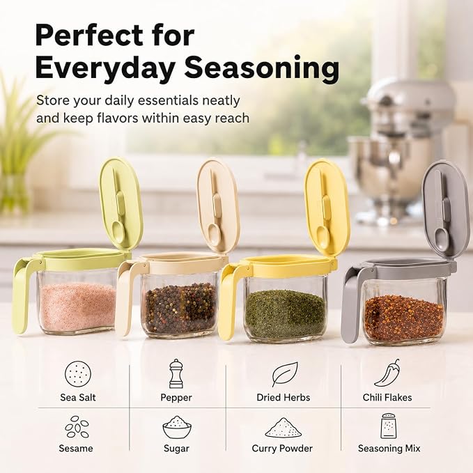 Zuutii Glass Spice Jar, 10 oz Seasoning Container for Salt & Sugar | One-Hand Opening | Magnetic Spoon Included | Moisture-Proof Seal | Food-Grade Glass | BPA-Free