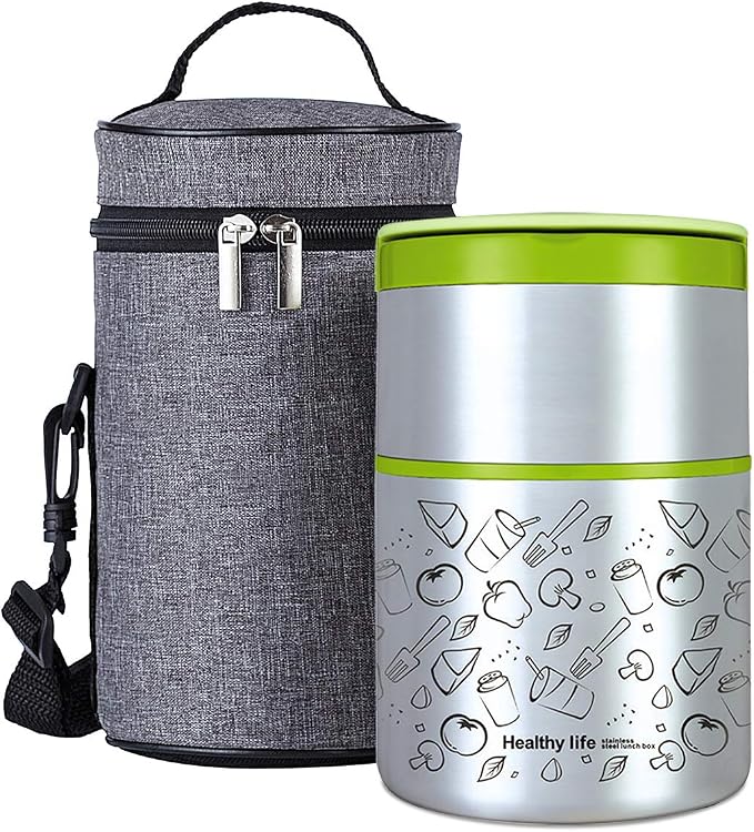 Lille Home 2 Tier Vacuum Insulated Stainless Steel Thermal Lunch Box,32OZ | 2 Tier Bento Food Container with Lunch Bag, Leakproof Wide Mouth Bento Box for Cold/Warm Food, Portion Control, Green