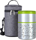 Lille Home 2 Tier Vacuum Insulated Stainless Steel Thermal Lunch Box,32OZ | 2 Tier Bento Food Container with Lunch Bag, Leakproof Wide Mouth Bento Box for Cold/Warm Food, Portion Control, Green
