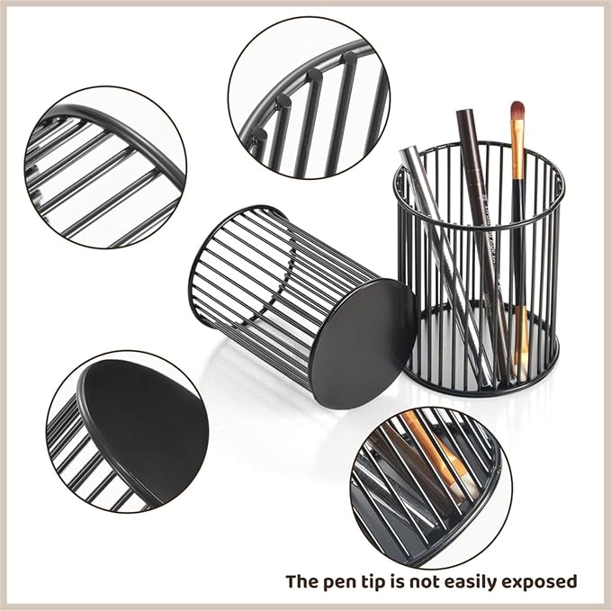 2 Sets Metal Pen Holder for Desk,Makeup Brushes Cup Holder, Pencil Holders, Pen cup, Home and Office Organizer, Black