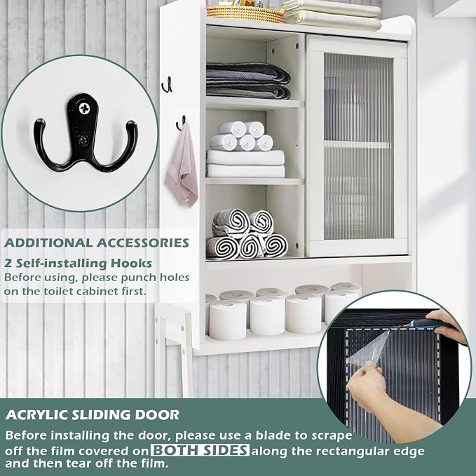 SUNTAGE Over Toilet Storage Cabinet Organizer for Bathroom, Over Toilet Shelf, Freestanding Space Saver with Adjustable Shelves, Acrylic Sliding Door, Wide Open Shelf, 2 Hooks, Classic White