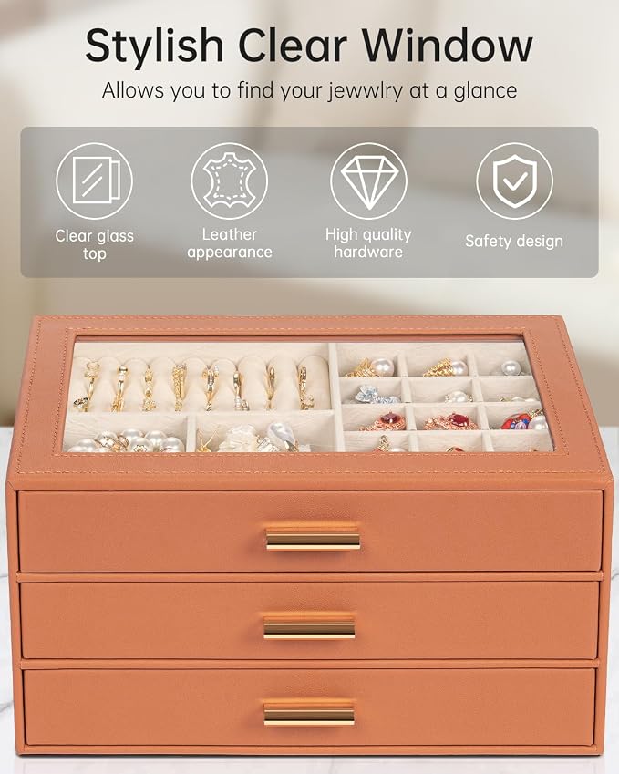 AKOZLIN Jewelry Box with Clear Lid Functional Leather Jewelry Storage Organizer Case 3 Drawers for Women Girls Necklace Ring Bracelet Earring