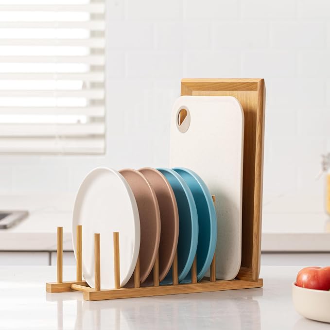 HBlife 2pcs Heighten Bamboo Wooden Dish Drying Rack Plate Pot Lid Organizer | Plate Bowl Cup Book Pot Lid Cutting Board Stand, Drainer Storage Holder Organizer, For Kitchen Cabinet, 8 Slots