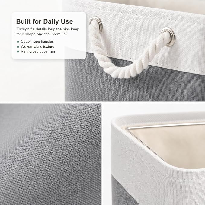 11x11 Inch Cube Storage Bins, 6 Pack Collapsible Fabric Storage Cubes with Rope Handles, Waterproof Foldable Storage Baskets for Cube Shelves, Closet, Clothes, Toys, Books, White & Gray