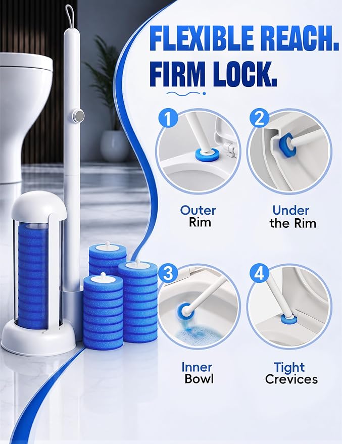 Toilet Brush Kit, Disposable Toilet Bowl Cleaner Brush with Blue Replacement Heads, Press-Button Wand and Self-Closing Freestanding Holder (42 Refills)