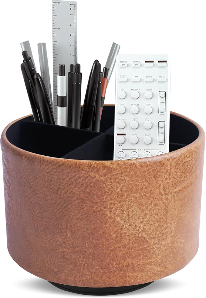Round Leather Art Supply Organizer,Remote Control Holder,360 Degree Spinning,Multi-Functional Pencil Holder,4 Compartments Desktop Stationary Organizer(1-Crazy Brown)