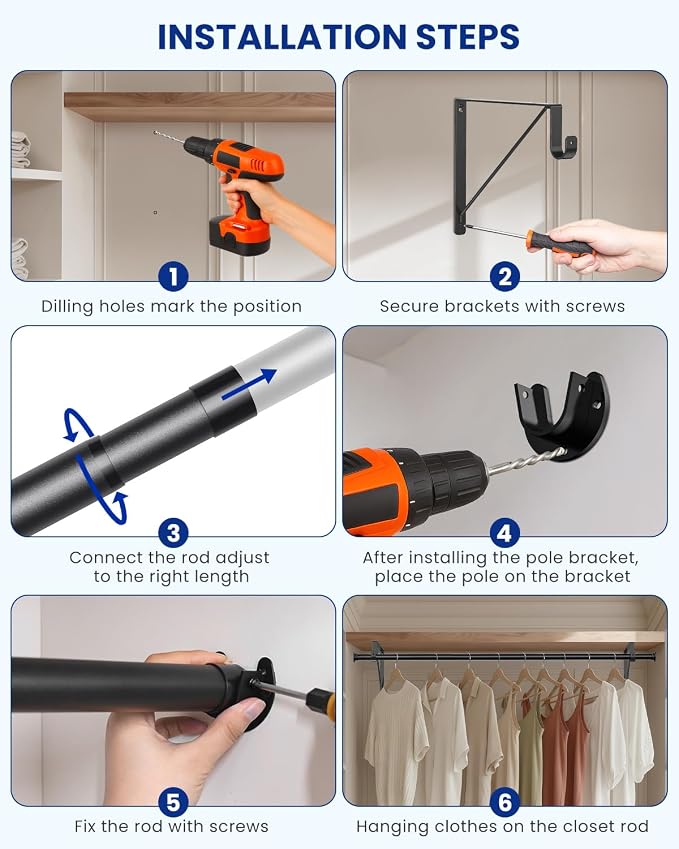 Supforce Adjustable Closet Rod with Triangular Brackets, 17-54in, Black | 1.3in Metal Closet Rod Supports Up To 150 lb, Heavy Duty Rod Reduces Sagging and Mount Securely for Wardrobes Closet Laundry