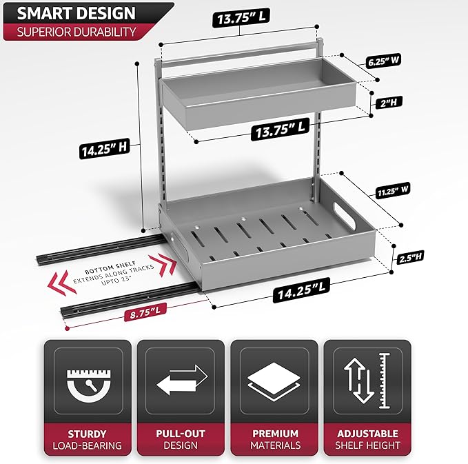 Sorbus Under Sink Organizer with Sliding Tracks – Pull Out Cabinet Organizer with Drawer & Installation Rails – Under Cabinet Bathroom Storage Organizer for Kitchen, Pantry, or Vanity –Silver 2 Pack
