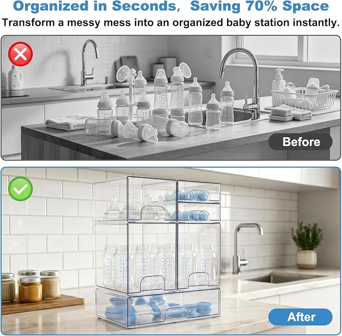 Clear Baby Bottle Organizer, 6-Piece Modular Stackable Acrylic Bins Set | BPA-Free Heavy-Duty Acrylic; Fits Breast Pump Parts, Nipples & Pacifiers; Space-Saving Nursery Cabinet & Drawer Organizer