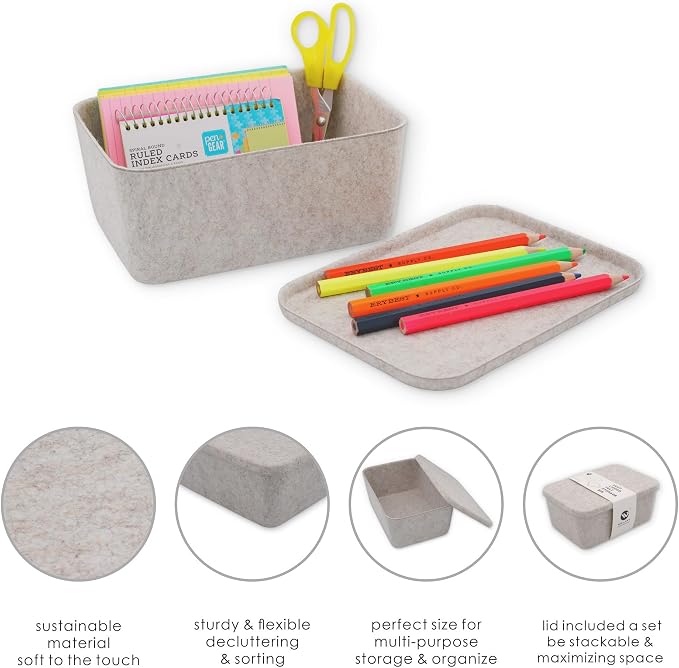 Welaxy Lidded office desk drawer organizer bins Deep draw organiser Felt storage box with lids for office supplies makeup jewelery rolled ties socks decluttering (Oatmeal)