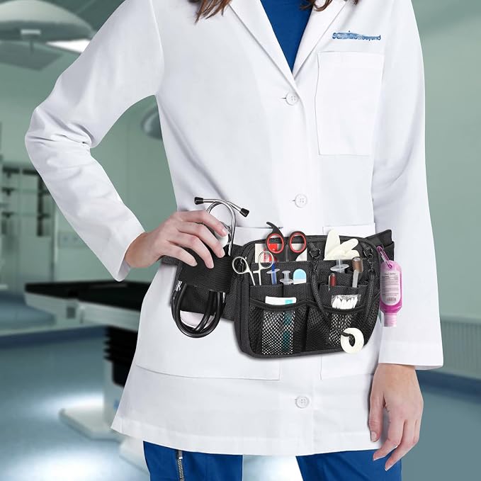 SITHON Nurse Fanny Pack with Tape Holder, Multi Compartment Medical Gear Pocket Nursing Organizer Belt Bag, Apron Hip Bag Utility Waist Pack for Stethoscopes Bandage Scissors Medical Supplies (Black)