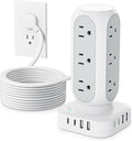 Tower Surge Protector Power Strip, 10FT Extension Cord with Multiple Outlets, Flat Plug Outlet Extender with 12 AC Outlets & 8 USB Ports, 24W Total Charging Station for Home Office Dorm Room