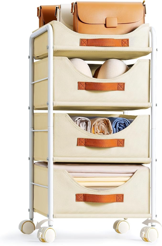 DIMJ Closet Organizers and Storage 4 Tier - Fabric Clothes Drawer Storage Bins, Stackable Rolling Storage Cart with Wheel, Small Dresser for Closet Bedroom Nursery Office