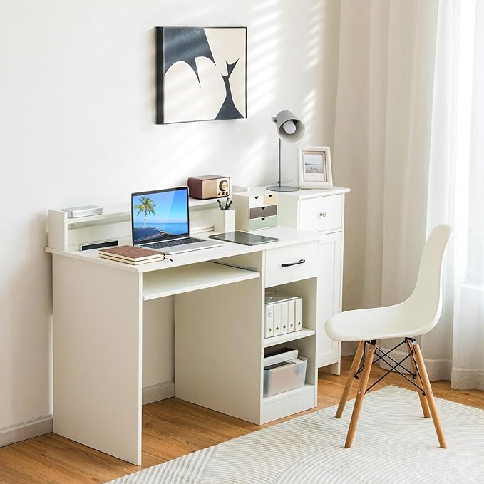 Tangkula White Desk with Drawer & Keyboard Tray, 22 Inch Wide Modern Study Writing Desk with Desktop Hutch & Storage Shelves, Home Office Desk for Teens, Wood PC Laptop Desk, Desk for Bedroom