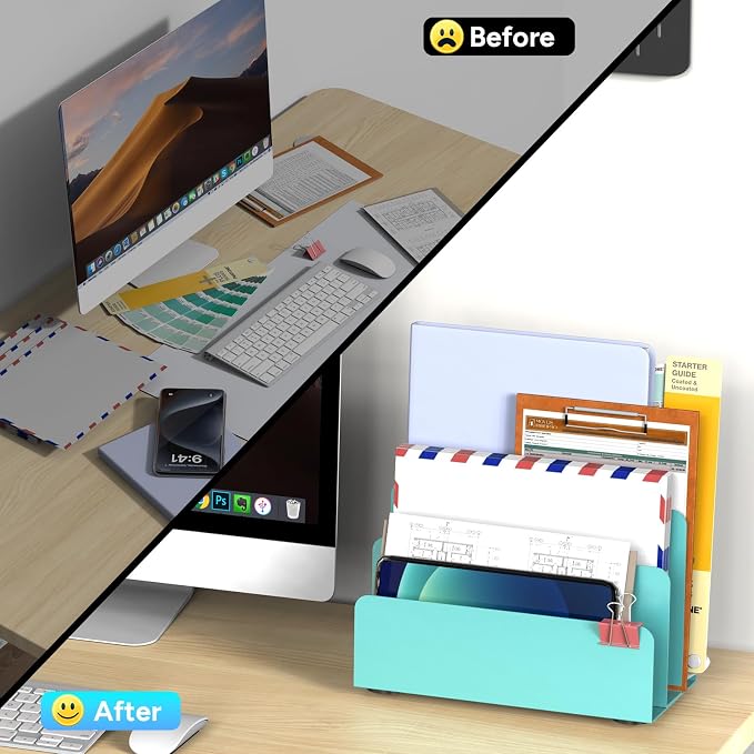 Mail Organizer Countertop | Small Desk File Organizer, Metal File Holder - Essential Workspace Organizers for Office Desk, Home Office (Blue)