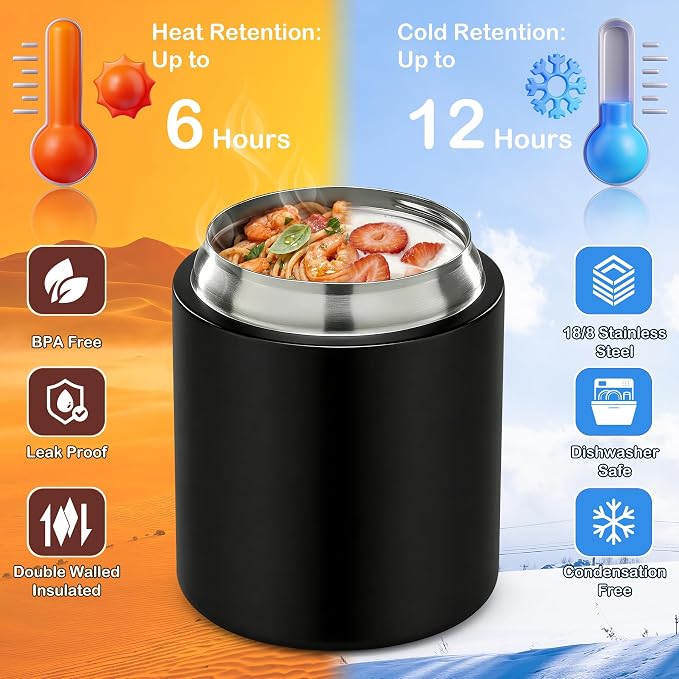 20oz Soup Thermo for Hot Food with a Snack Box Container，Leak Proof Insulated Lunch Container Kids and Adults，Stainless Steel Double Wall Vacuum Wide-mouth Food Jar with Spoon and Handle（Black）