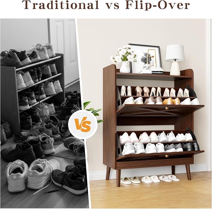 Shoe Storage Cabinet with 2 Flip Drawers & Adjustable Shelves, Freestanding Shoe Cabinet with Side Hooks Narrow Shoe Rack Cabinet for Entryway, Hallway, Rustic Brown