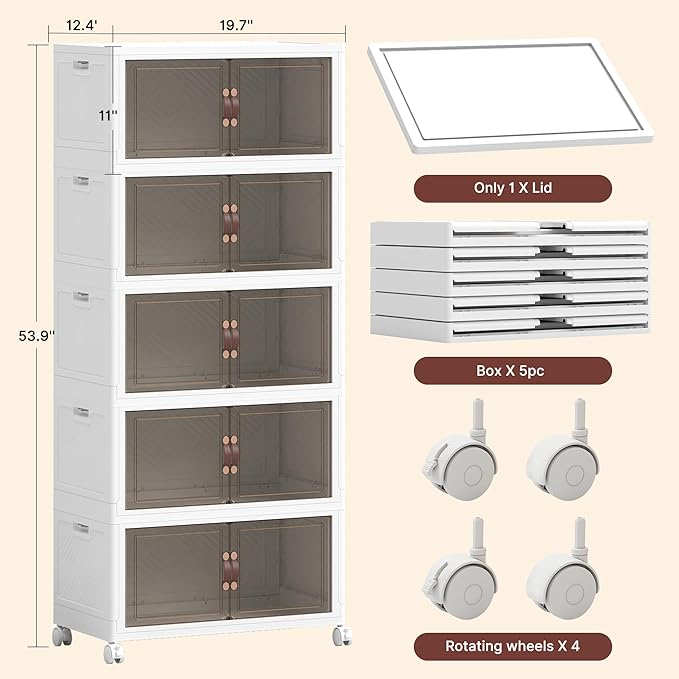 540QT Extra Large Stackable Storage Bins with Lids & Wheels & Door, 135Gal Foldable Collapsible Closet Organizers, Plastic containers drawers for bedroom Dorm