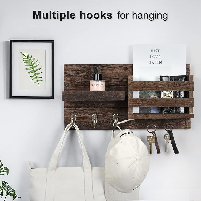 Lwenki Mail Organizer for Wall Mount – Key Holder with Shelf Includes Letter Holder and Hooks for Coats, Dog Leashes – Rustic Wood with Flush Mounting Hardware (16.5” x 8.7” x 3.5”)