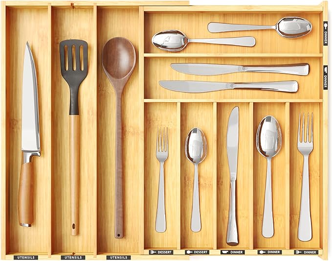 SpaceAid Bamboo Silverware Drawer Organizer with Labels, Kitchen Utensil Expandable Tray Holder Organizer for Flatware, Cutlery, Spoon and Knives Drawer Storage Organization (Natural, 10 Slots)