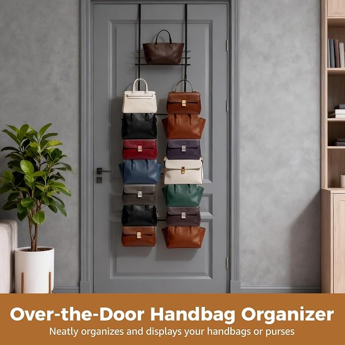 Over The Door Purse Organizer, Wall Mounted Purse Handbag Organizer – 16 Hooks & Metal Basket, Adjustable Multi-Layer Design, Space-Saving & No-Damage Hanging Storage Rack