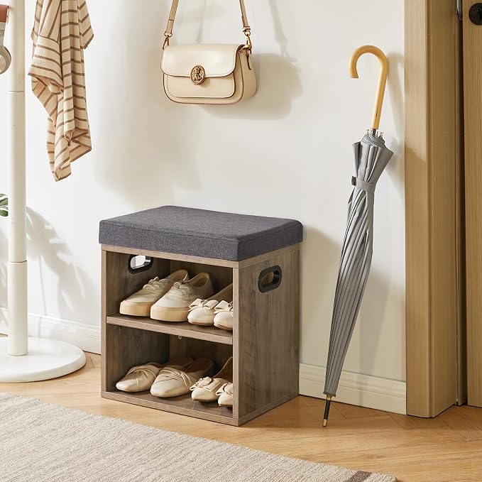 YMYNY Small Shoe Storage Bench with Cushion, Silver Gray, HBD028Y | 2 Tier Entryway Bench with Storage, Small Shoe Rack Bench with Adjustable Shelf for Entryway 11 x 15.3 x 16.5 Inches