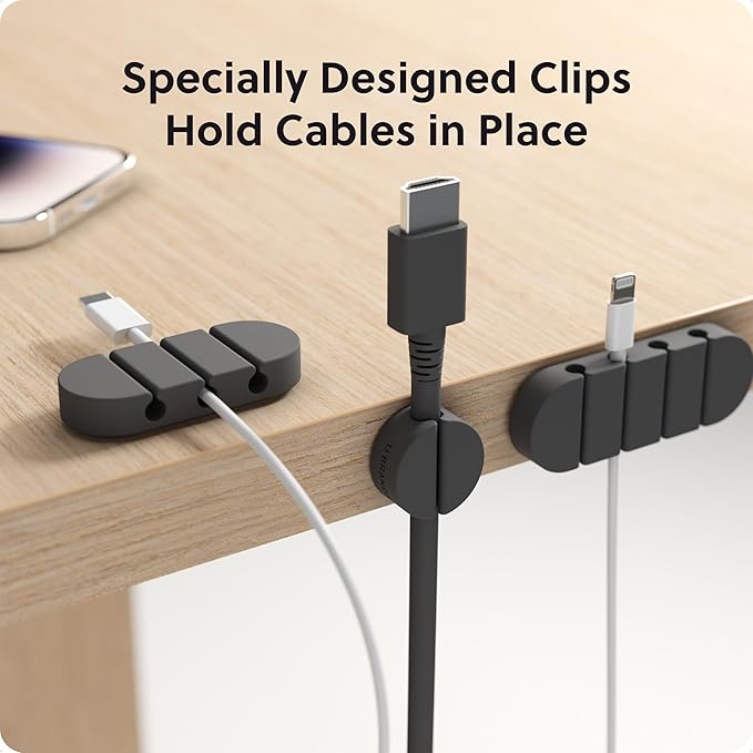 U Brands Black Silicone Cable Organizer Clips 15 Pack, Cord Management Clips in Assorted Colors, Adhesive Cable Holders for Desk, Office, and Travel Organization