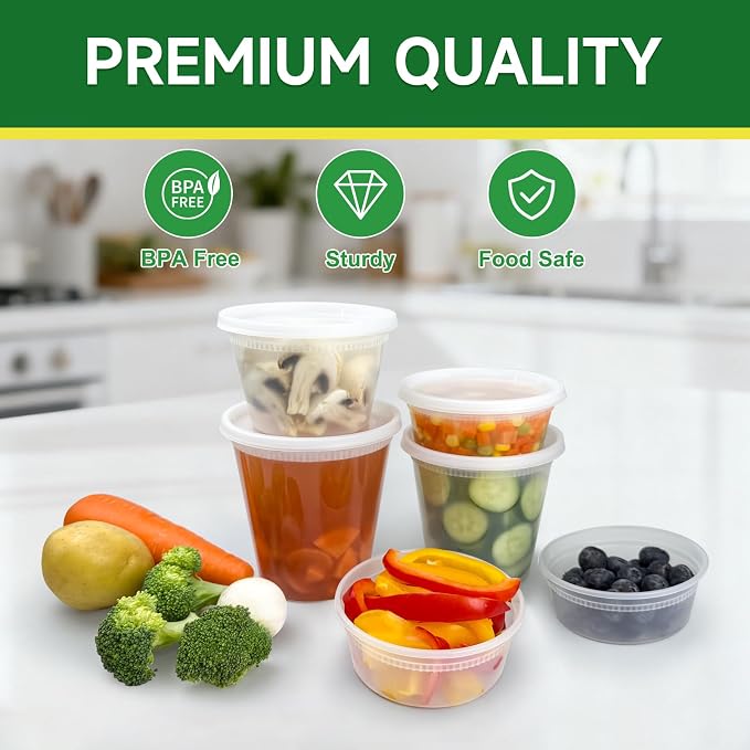 Dealusy 60 Set Deli Containers with Lids, 32/16/8 oz X 20 Set Each Leak-Proof BPA Free Plastic Take Out Bowls, Food Storage Containers for Meal Prep Storage, Freezer, Microwave & Dishwasher Safe