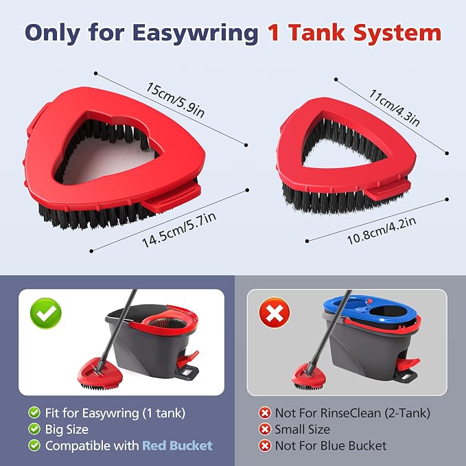Spin Mop Scrub Brush Head for O Ceda EasyWring 1-Tank System(Red) | Hard Bristle Scrubber Brush for Floor Cleaning Accessories (Not Fit for RinseClean 2-Tank-Blue Inner), 2 Pack