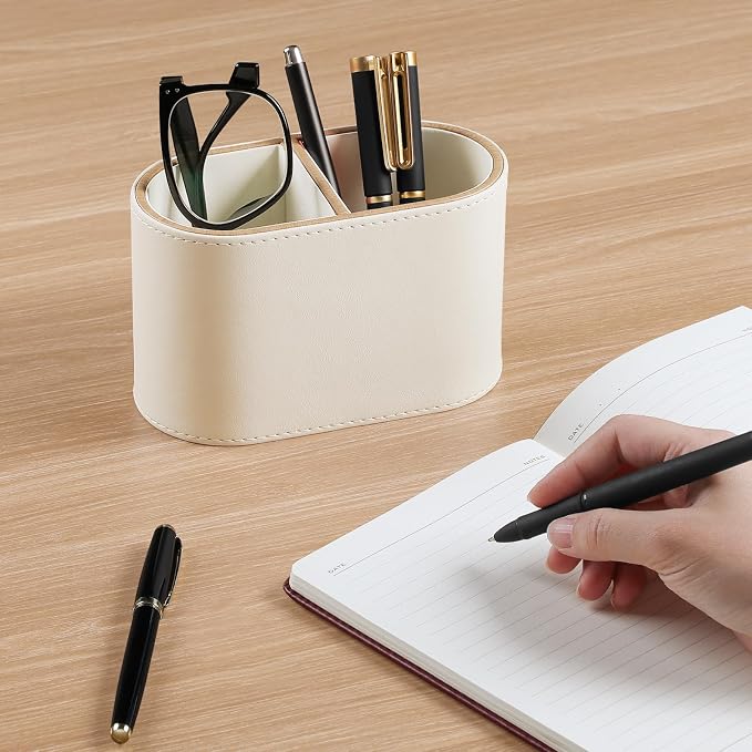 Pen Holder for Desk, Small Remote Control Holder, Beige | 2-Compartment Oval Pencil Cup with Soft Velvet Lining, PU Leather Desktop Organizer Caddy for Home School Office Desk